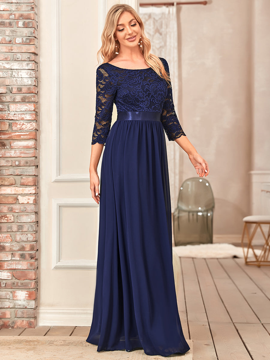 Color=Navy Blue | Elegant Empire Waist Wholesale Bridesmaid Dresses with Long Lace Sleeve-Navy Blue 10