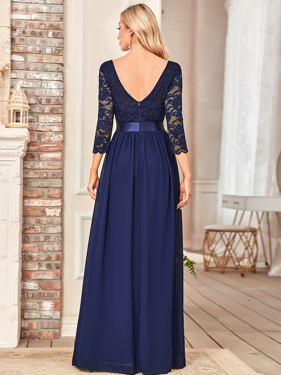 Color=Navy Blue | Elegant Empire Waist Wholesale Bridesmaid Dresses with Long Lace Sleeve-Navy Blue 9