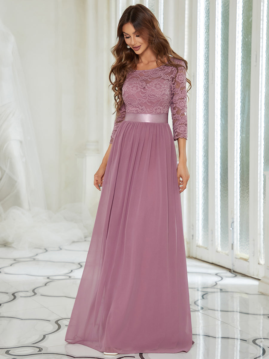 Color=Orchid | Elegant Empire Waist Wholesale Bridesmaid Dresses with Long Lace Sleeve-Orchid 4