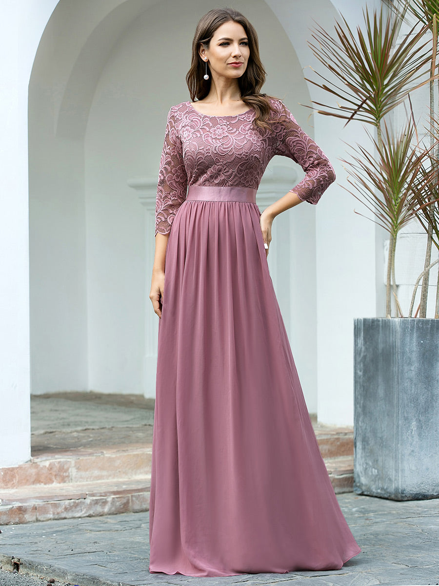 Color=Orchid | Elegant Empire Waist Wholesale Bridesmaid Dresses with Long Lace Sleeve-Orchid 1