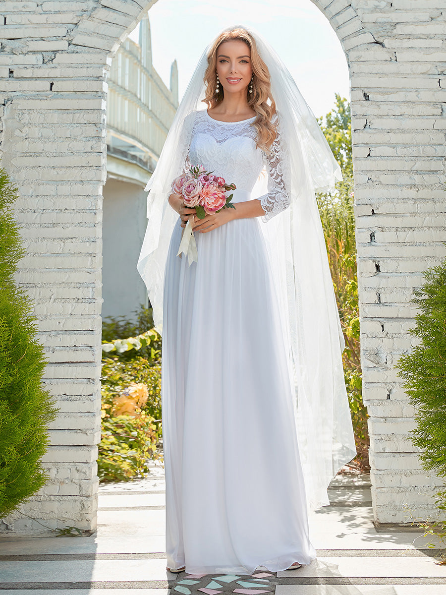 Color=White | Elegant Empire Waist Wholesale Bridesmaid Dresses with Long Lace Sleeve-White 1