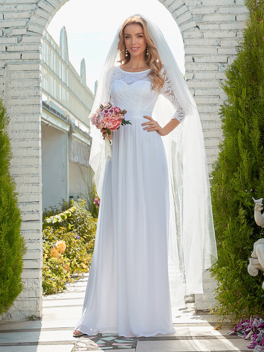 Color=White | Elegant Empire Waist Wholesale Bridesmaid Dresses with Long Lace Sleeve-White 2