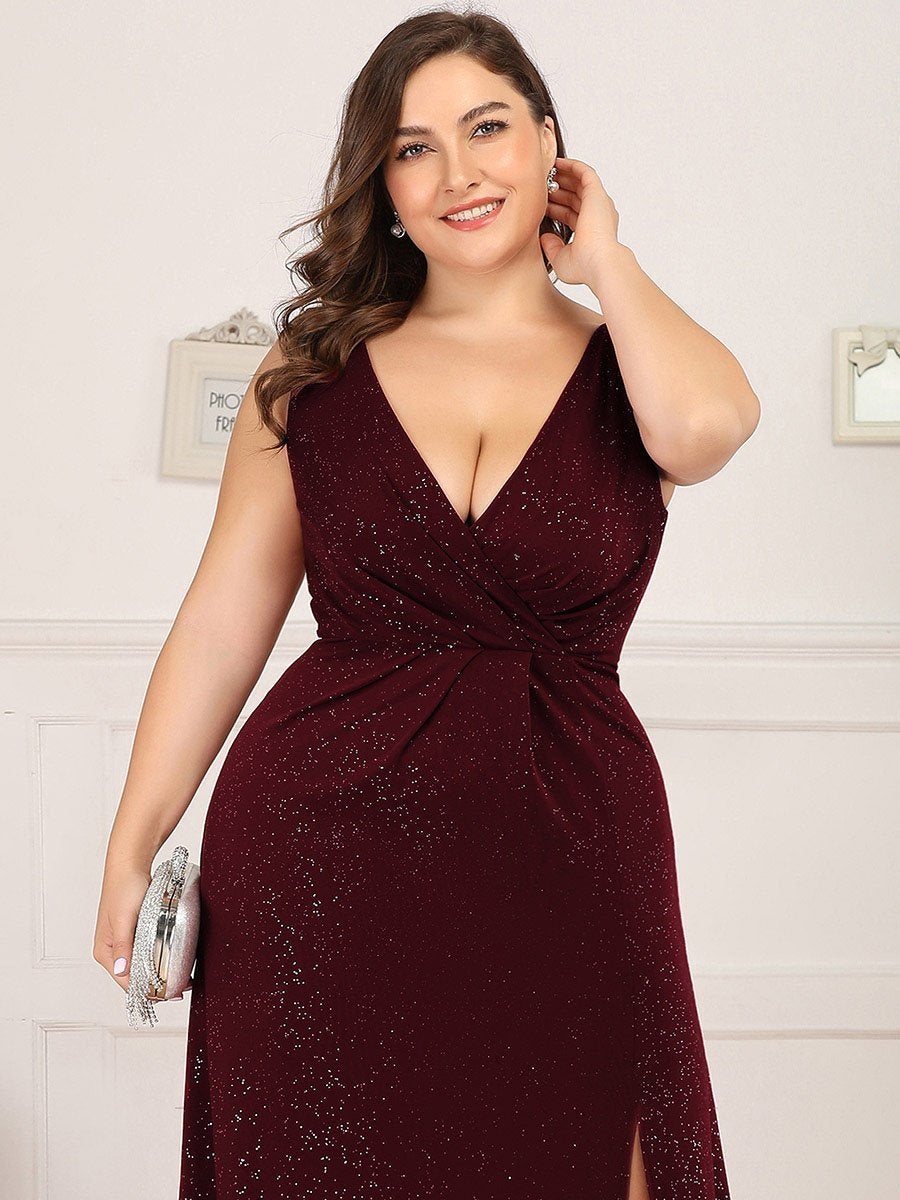 Color=Burgundy | Plus Size Women Fashion A Line V Neck Long Gillter Evening Dress With Side Split Ep07505-Burgundy 5