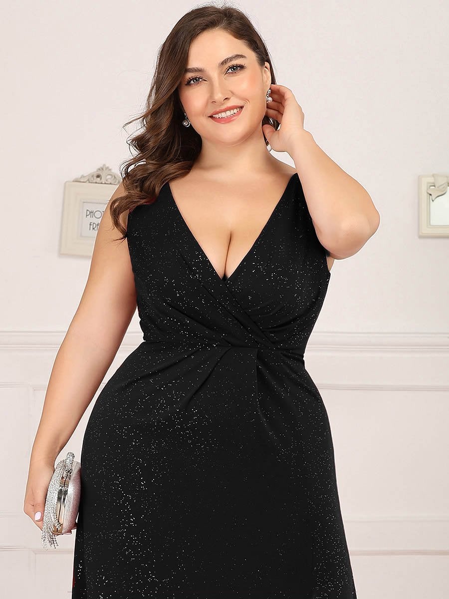 Color=Black | Plus Size Women Fashion A Line V Neck Long Gillter Evening Dress With Side Split Ep07505-Black 5