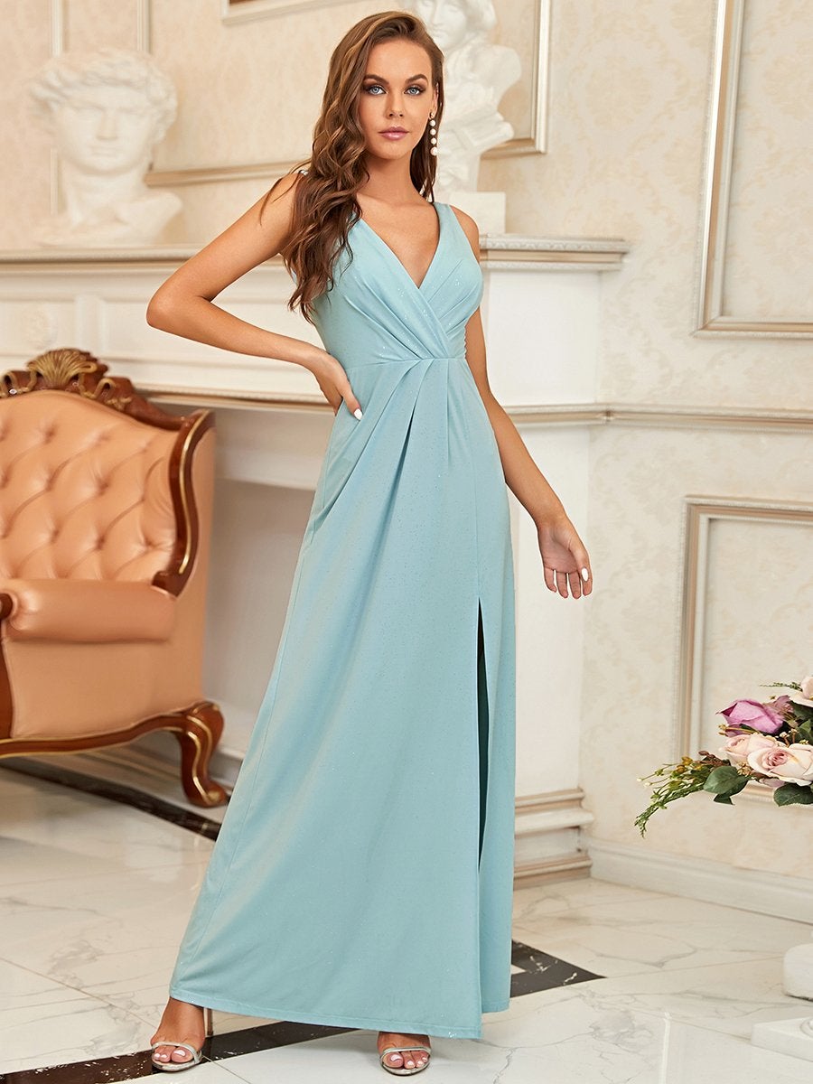 Color=Sky Blue | Women Fashion A Line V Neck Long Gillter Evening Dress With Side Split Ep07505-Sky Blue 1