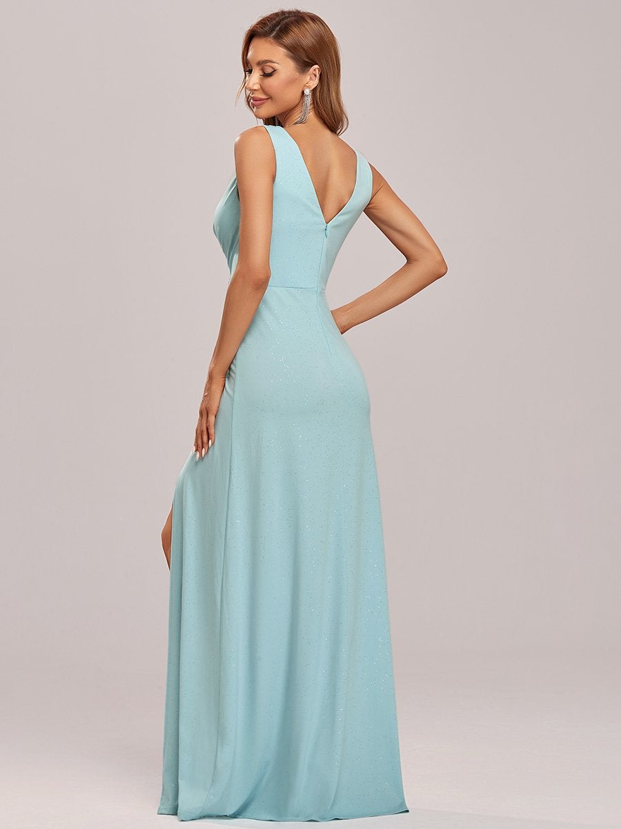 Color=Sky Blue | Women Fashion A Line V Neck Long Gillter Evening Dress With Side Split Ep07505-Sky Blue 4
