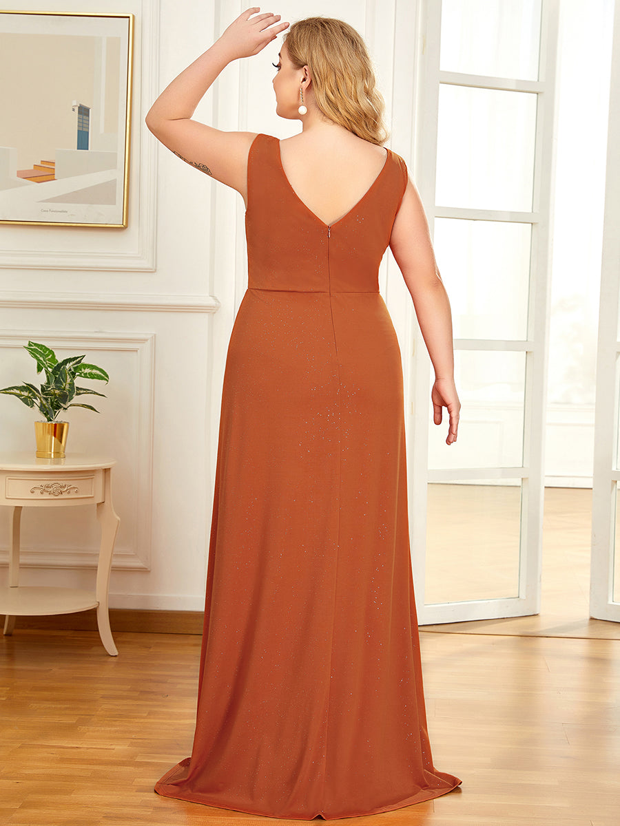 Color=Burnt Orange | Plus Size Women Fashion A Line V Neck Long Gillter Evening Dress With Side Split Ep07505-Burnt Orange 2
