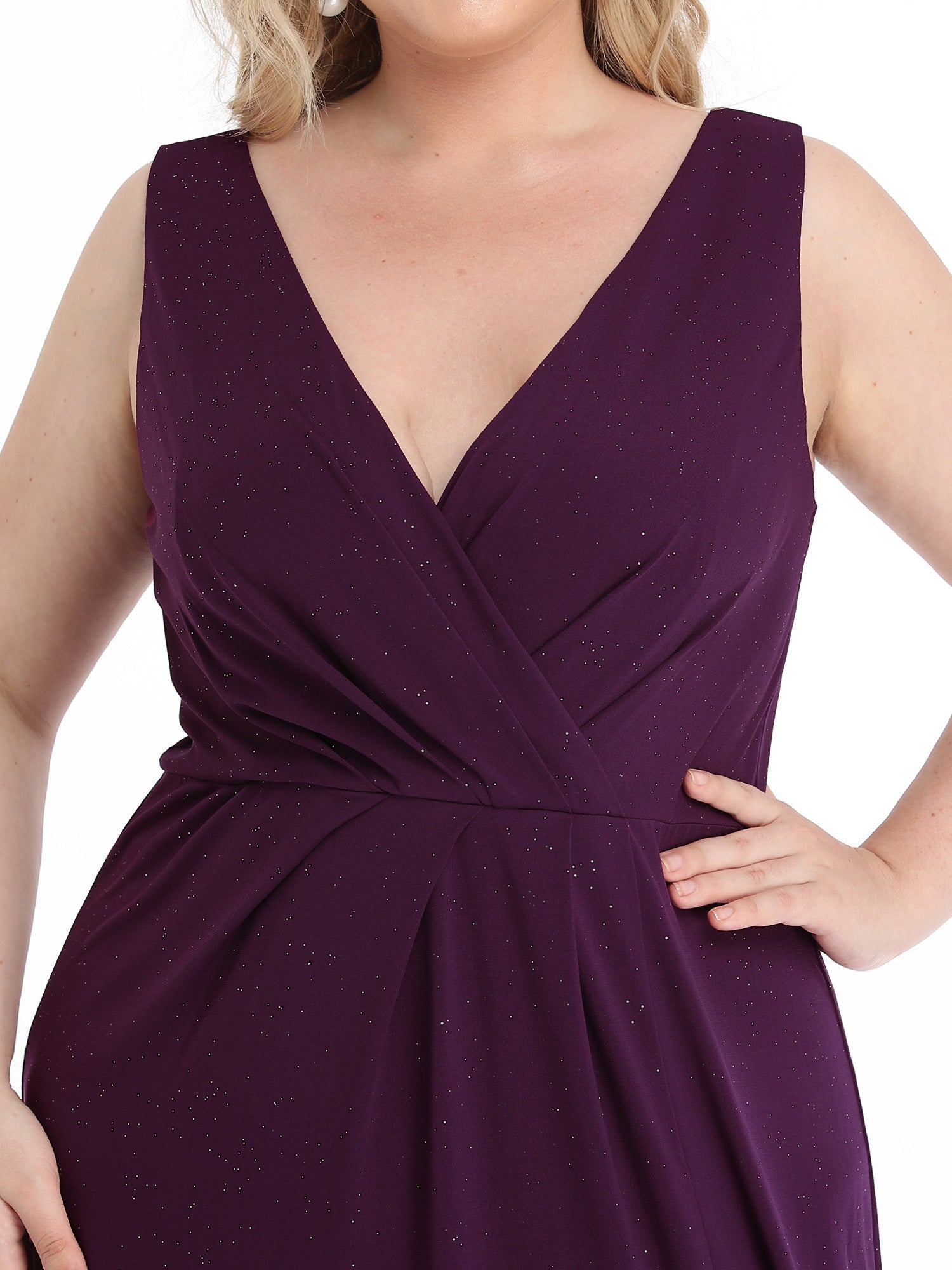Color=Dark Purple | Plus Size Women Fashion A Line V Neck Long Gillter Evening Dress With Side Split Ep07505-Dark Purple 5