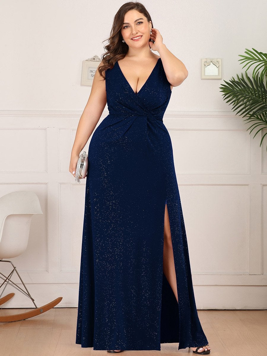 Color=Navy Blue | Plus Size Women Fashion A Line V Neck Long Gillter Evening Dress With Side Split Ep07505-Navy Blue 1