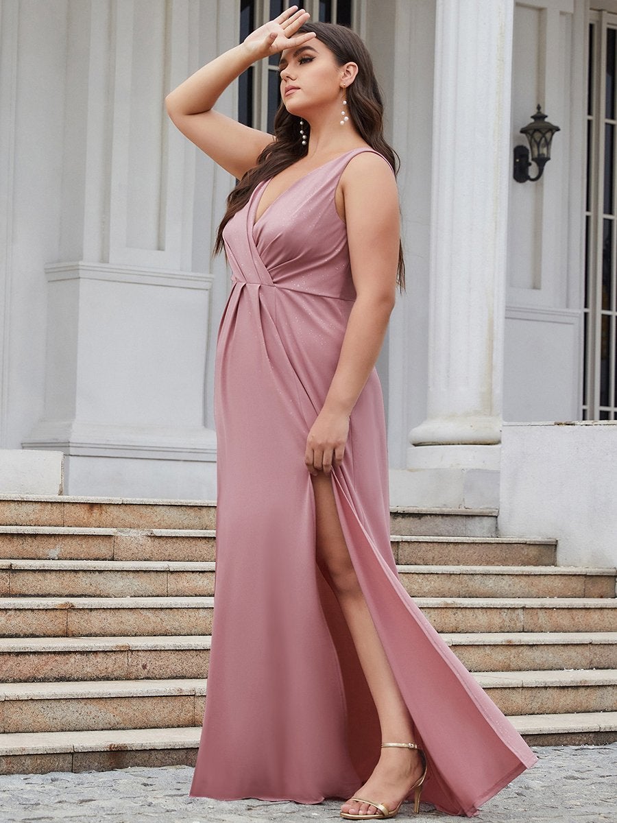 Color=Orchid | Plus Size Women Fashion A Line V Neck Long Gillter Evening Dress With Side Split Ep07505-Orchid 3