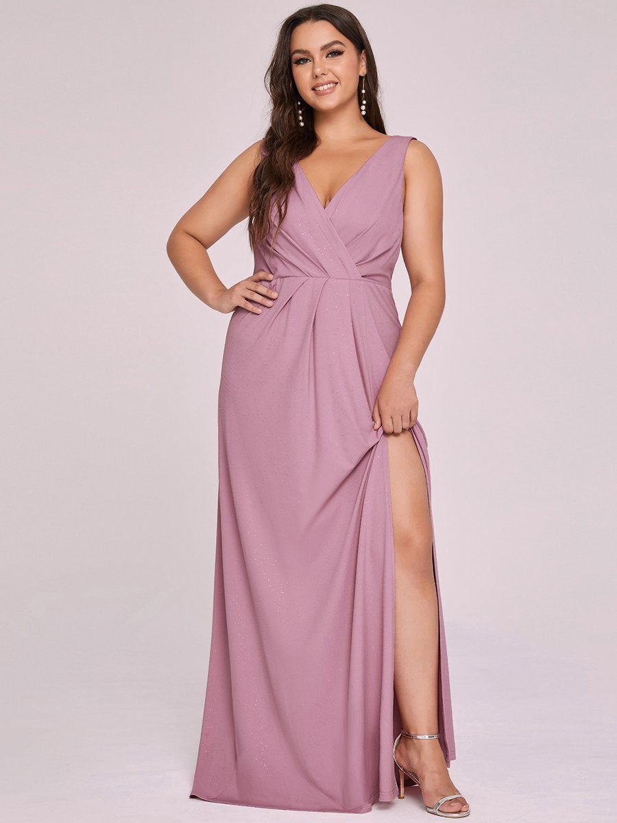 Color=Orchid | Plus Size Women Fashion A Line V Neck Long Gillter Evening Dress With Side Split Ep07505-Orchid 5