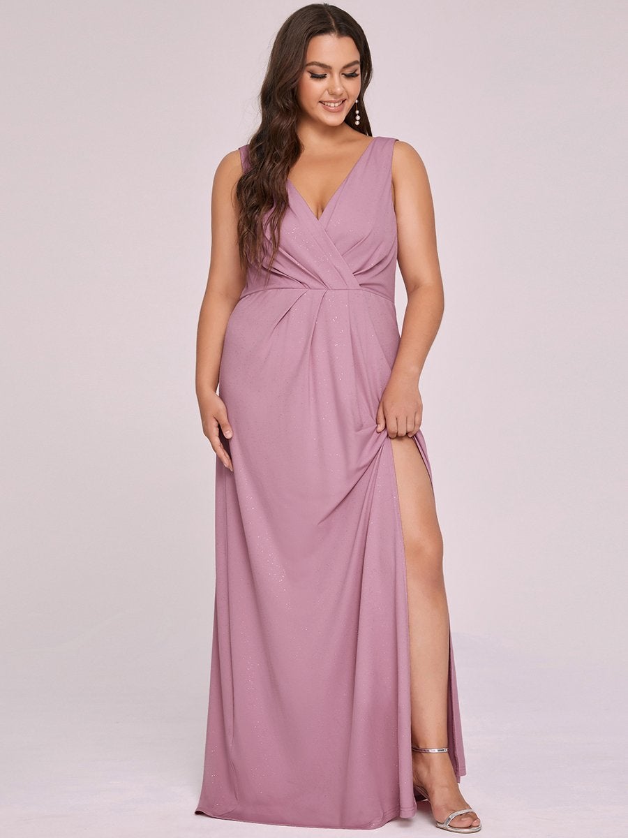Color=Orchid | Plus Size Women Fashion A Line V Neck Long Gillter Evening Dress With Side Split Ep07505-Orchid 8