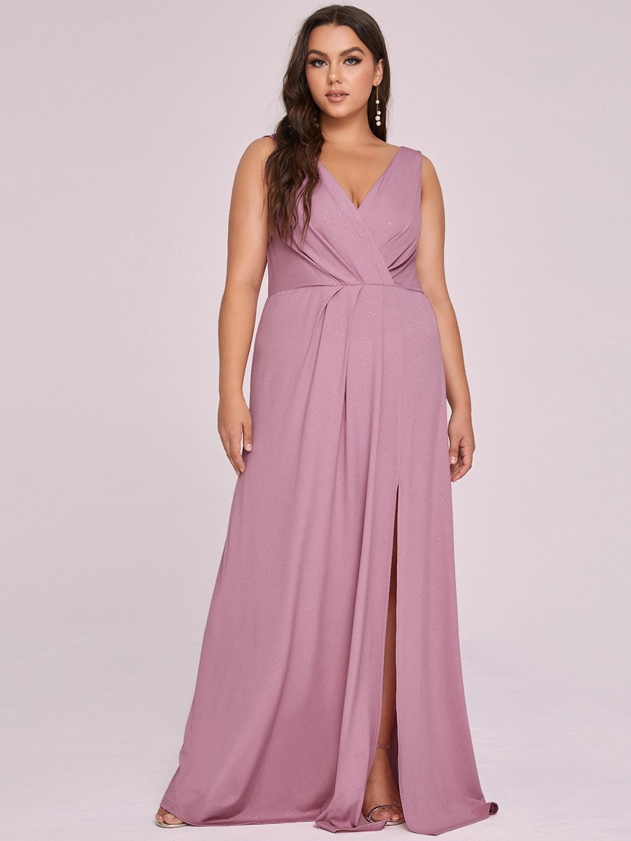 Color=Orchid | Plus Size Women Fashion A Line V Neck Long Gillter Evening Dress With Side Split Ep07505-Orchid 9
