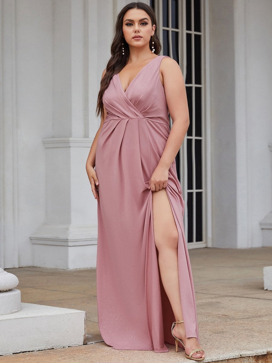 Color=Orchid | Women Fashion A Line V Neck Long Gillter Evening Dress With Side Split Ep07505-Orchid 10