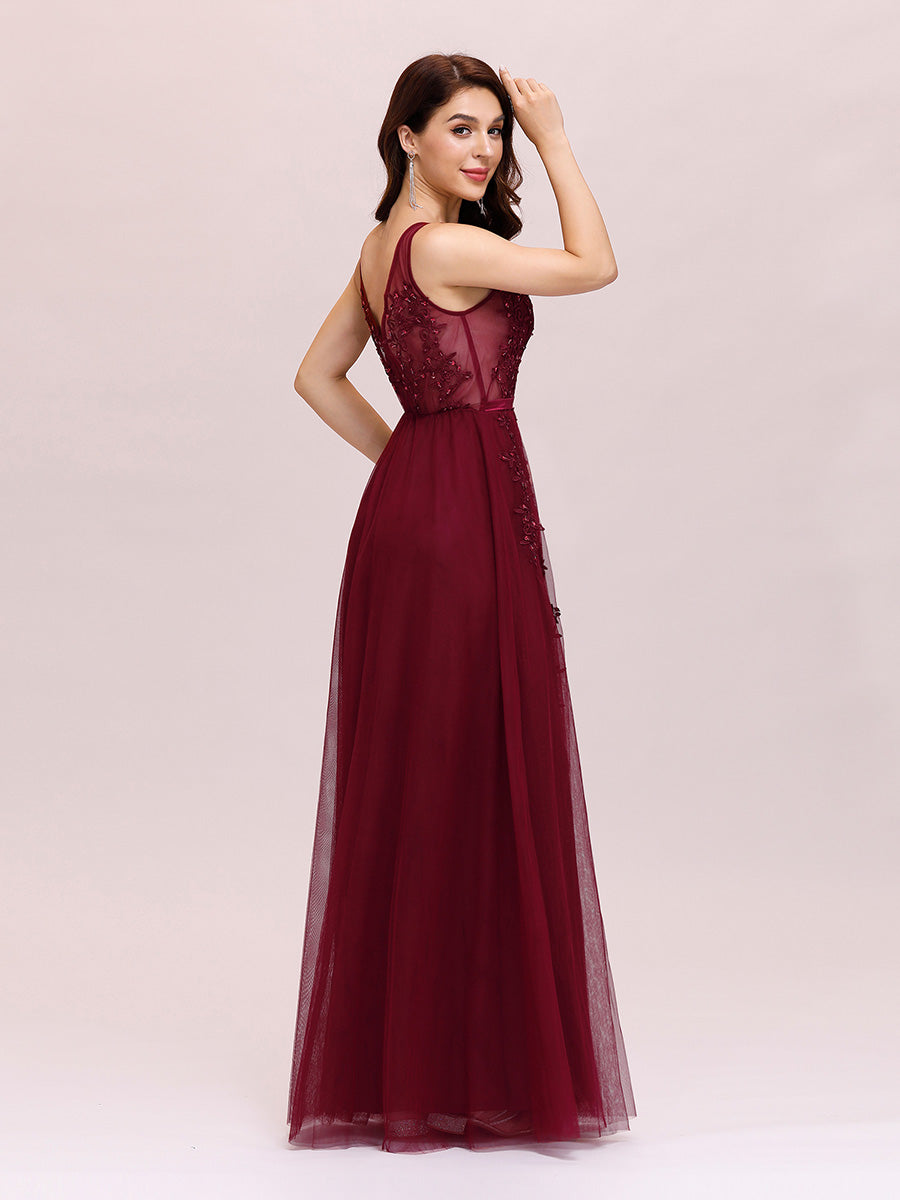 Color=Burgundy | Women'S Fashion V Neck Sleeveless Long Evening Party Dresses-Burgundy 2