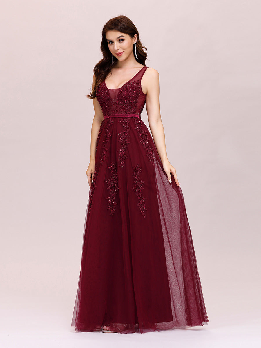 Color=Burgundy | Women'S Fashion V Neck Sleeveless Long Evening Party Dresses-Burgundy 3
