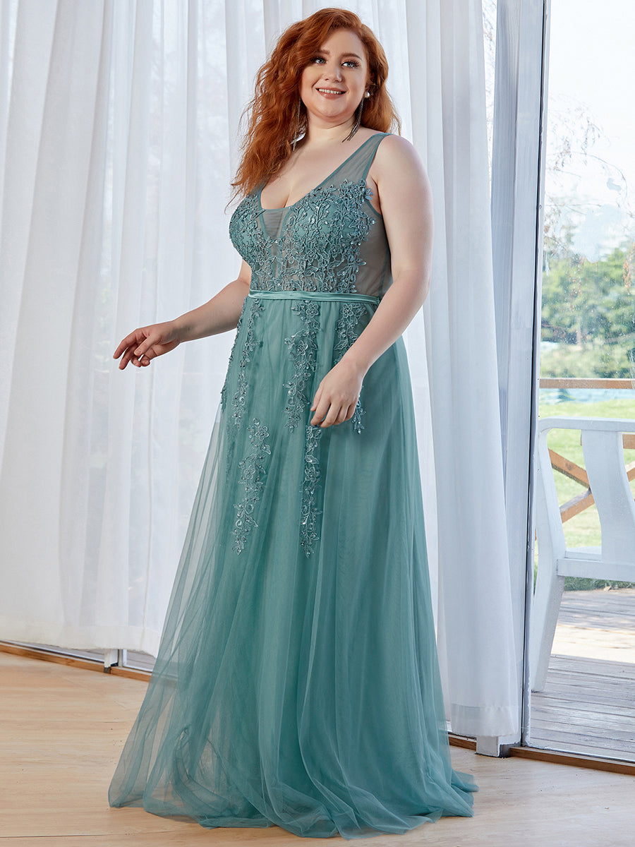 COLOR=Dusty Blue | Maxi Long Elegant Ethereal Plus Size Tulle Evening Dresses-Dusty Blue 3