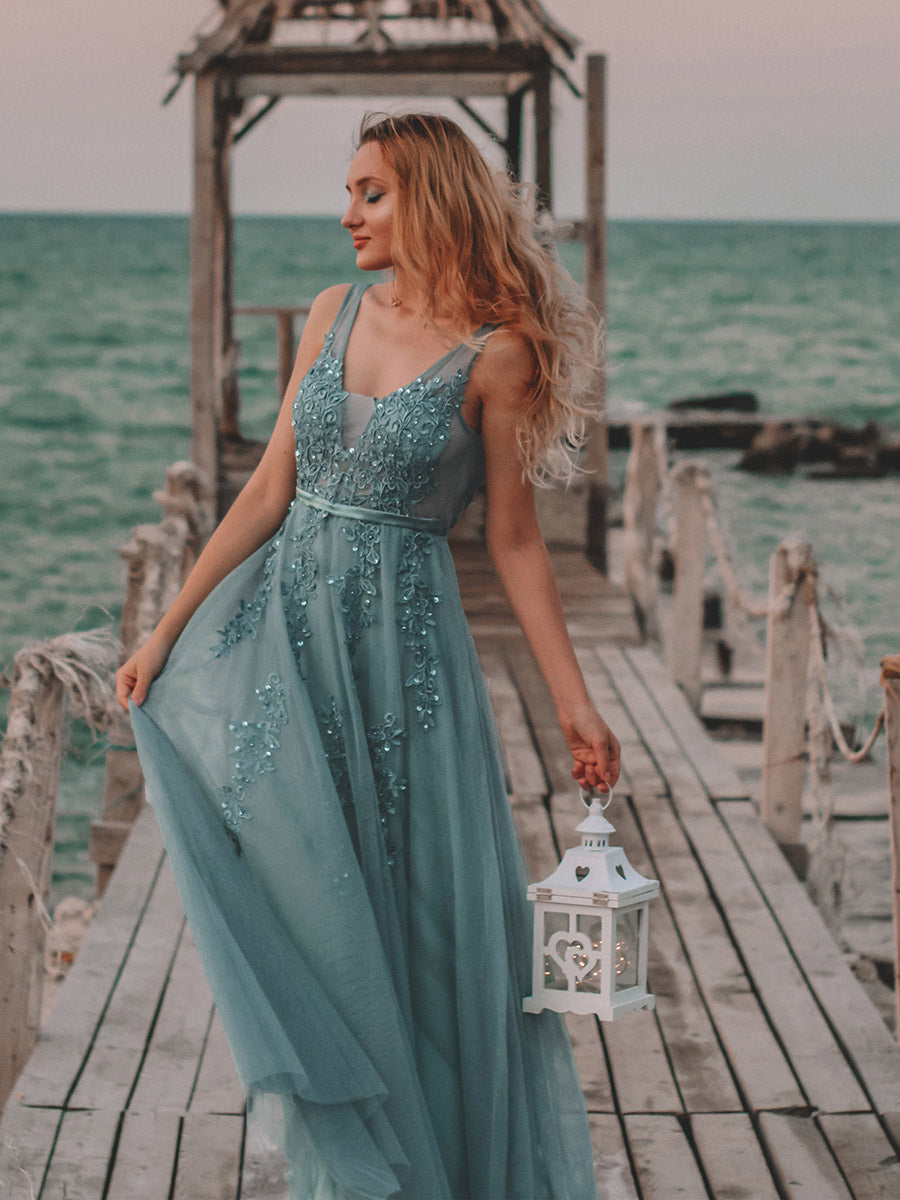 Color=Dusty blue | Women'S Fashion V Neck Sleeveless Long Evening Party Dresses-Dusty blue 5