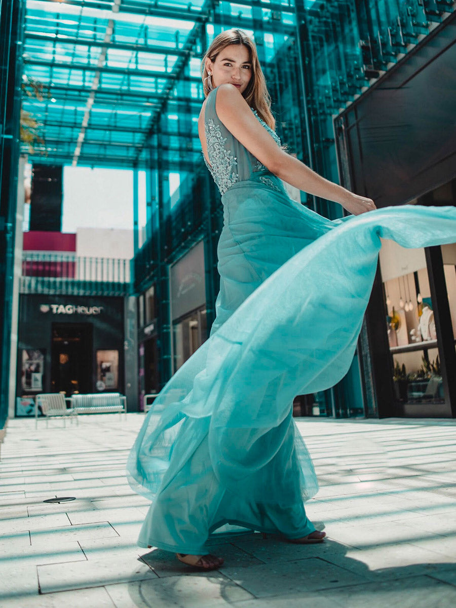 Color=Dusty blue | Women'S Fashion V Neck Sleeveless Long Evening Party Dresses-Dusty blue 3