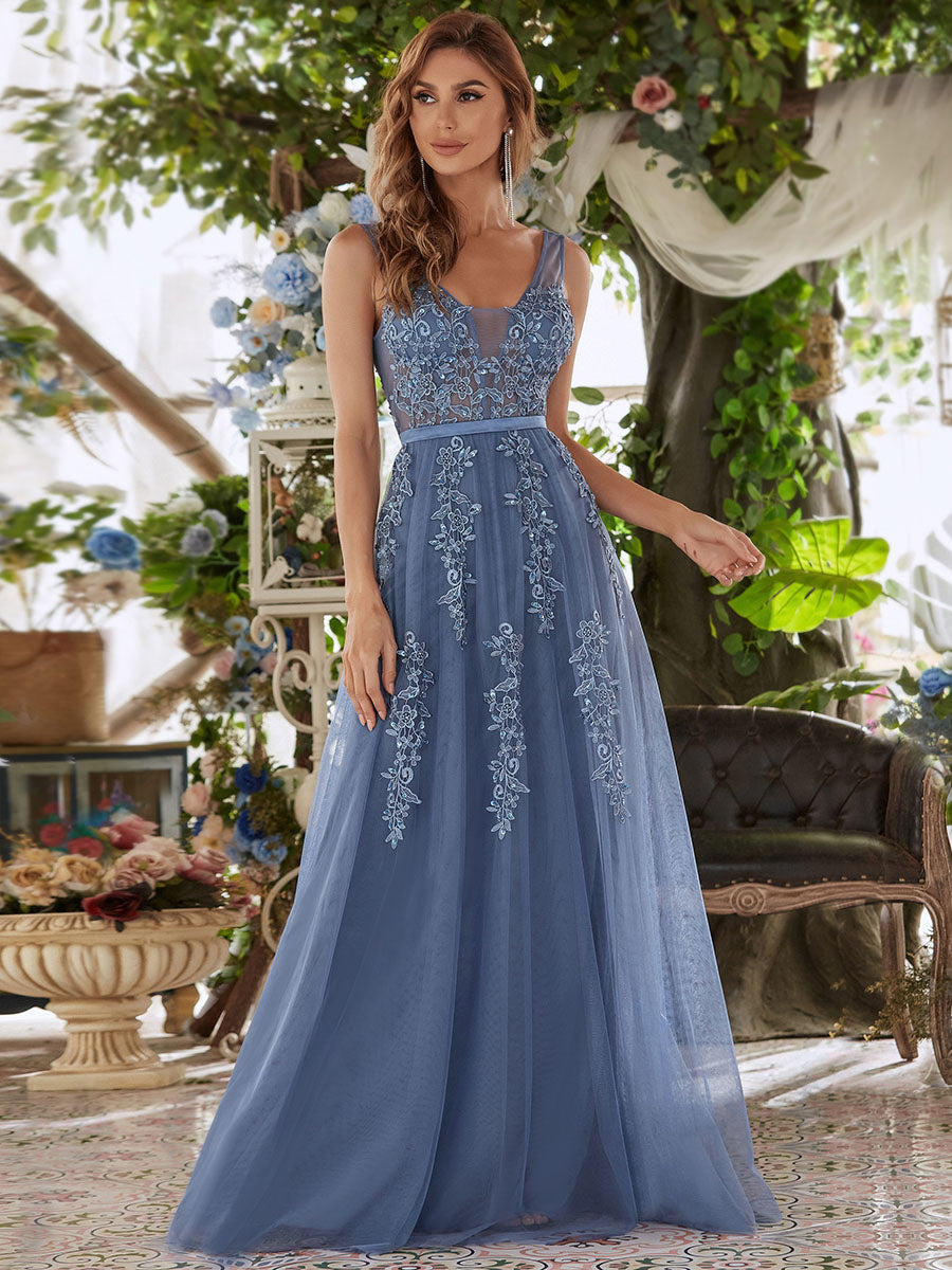 Color=Dusty Blue | Women'S Fashion V Neck Sleeveless Long Evening Party Dresses-Dusty Blue 4