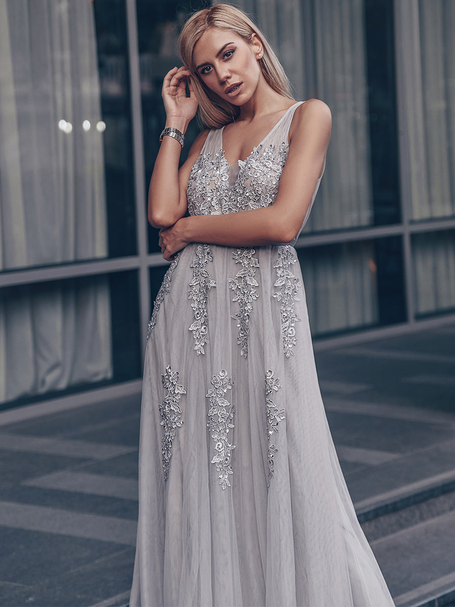 Color=Grey | Women'S Fashion V Neck Sleeveless Long Evening Party Dresses-Grey 2