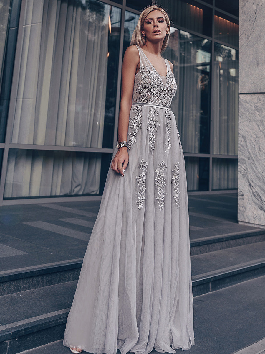 Color=Grey | Women'S Fashion V Neck Sleeveless Long Evening Party Dresses-Grey 3