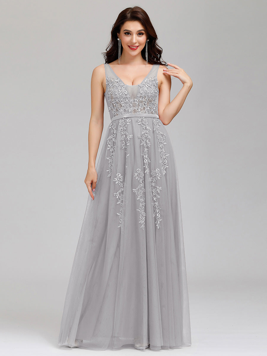 Color=Grey | Women'S Fashion V Neck Sleeveless Long Evening Party Dresses-Grey 7