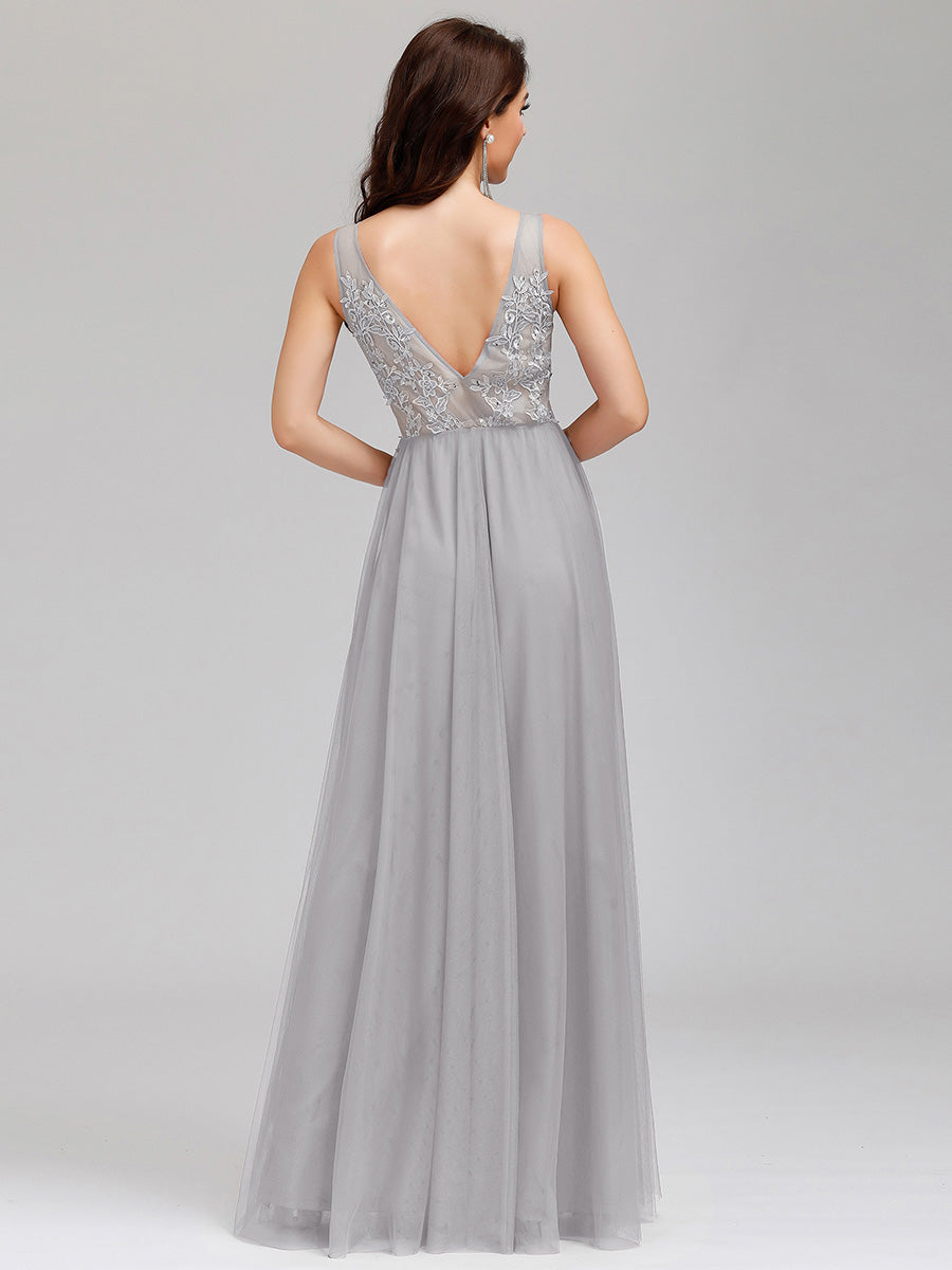 Color=Grey | Women'S Fashion V Neck Sleeveless Long Evening Party Dresses-Grey 8