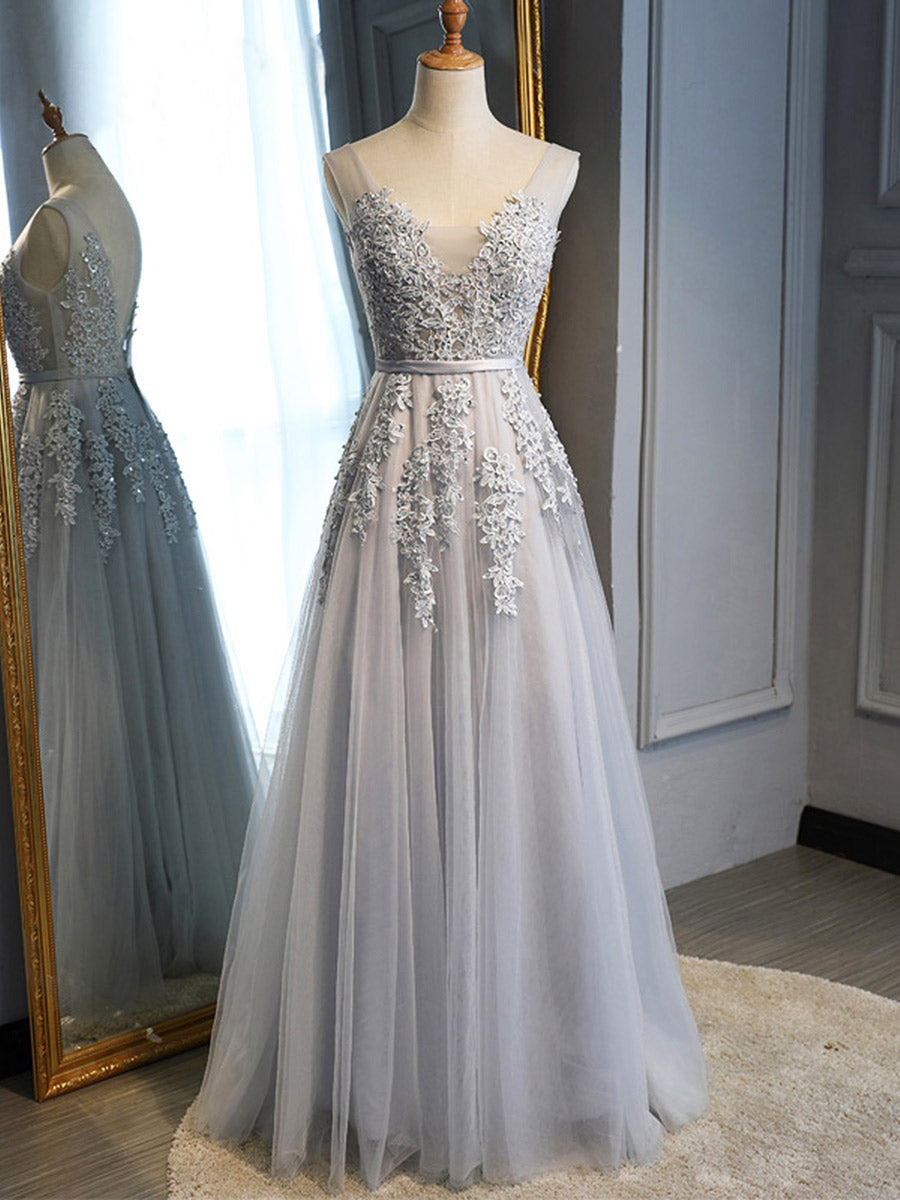 Color=Grey | Women'S Fashion V Neck Sleeveless Long Evening Party Dresses-Grey 6