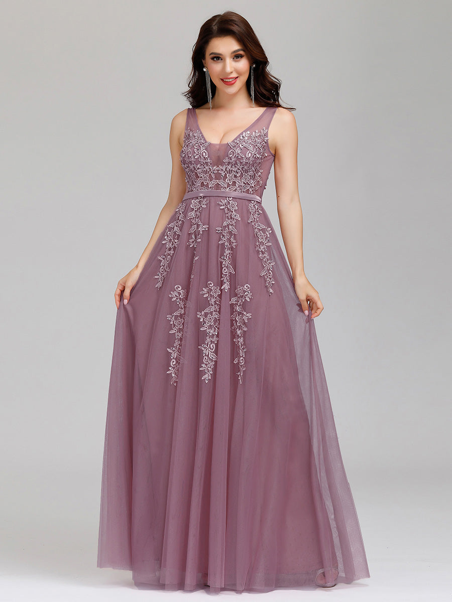 Color=Orchid | Women'S Fashion V Neck Sleeveless Long Evening Party Dresses-Orchid 3
