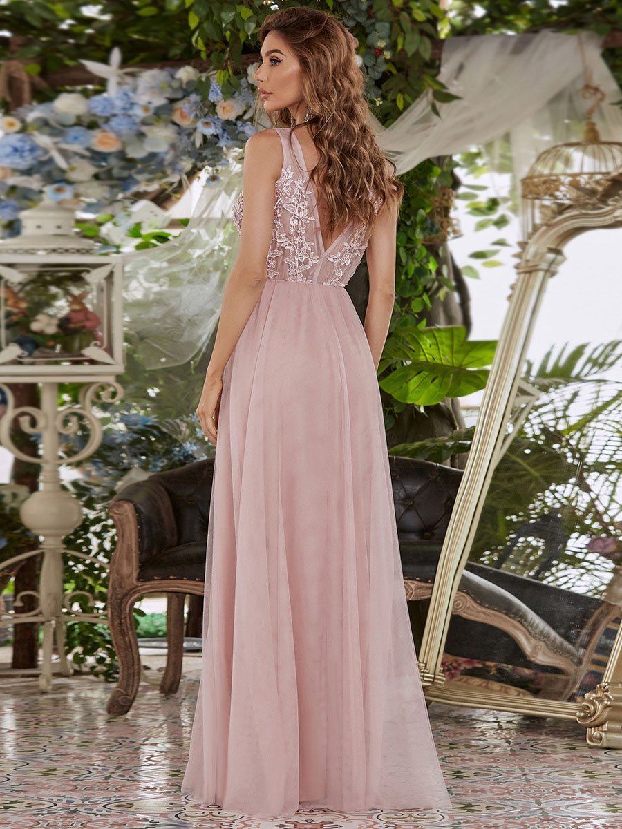 Color=Pink | Women'S Fashion V Neck Sleeveless Long Evening Party Dresses-Pink 2