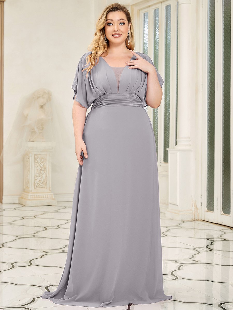 COLOR=Grey | Plus Size Women'S A-Line Empire Waist Evening Party Maxi Dress-Grey 1