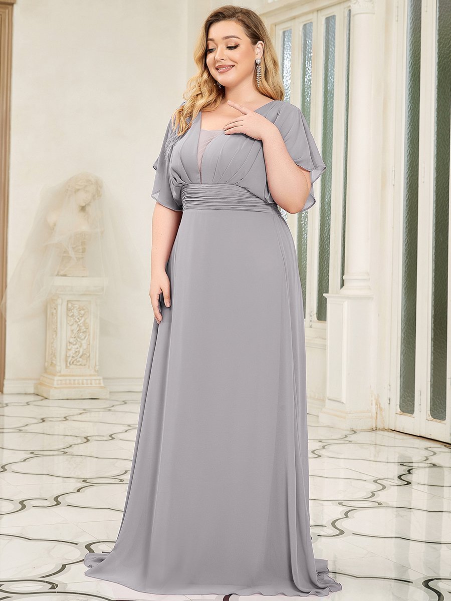 COLOR=Grey | Plus Size Women'S A-Line Empire Waist Evening Party Maxi Dress-Grey 3