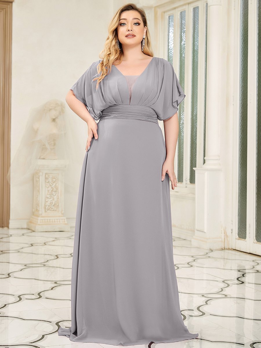 COLOR=Grey | Plus Size Women'S A-Line Empire Waist Evening Party Maxi Dress-Grey 4