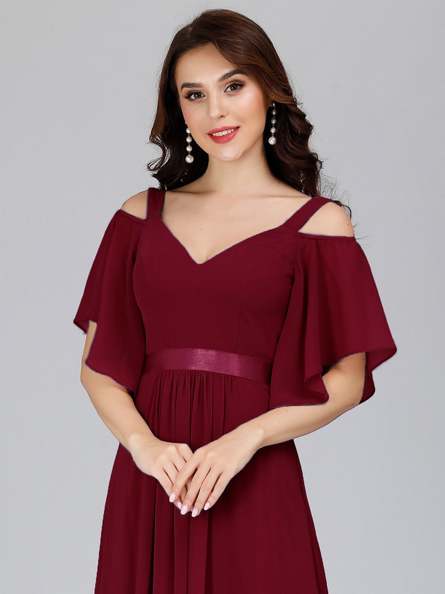 Color=Burgundy | Women'S Off Shoulder Floor Length Bridesmaid Dress With Ruffle Sleeves-Burgundy 5