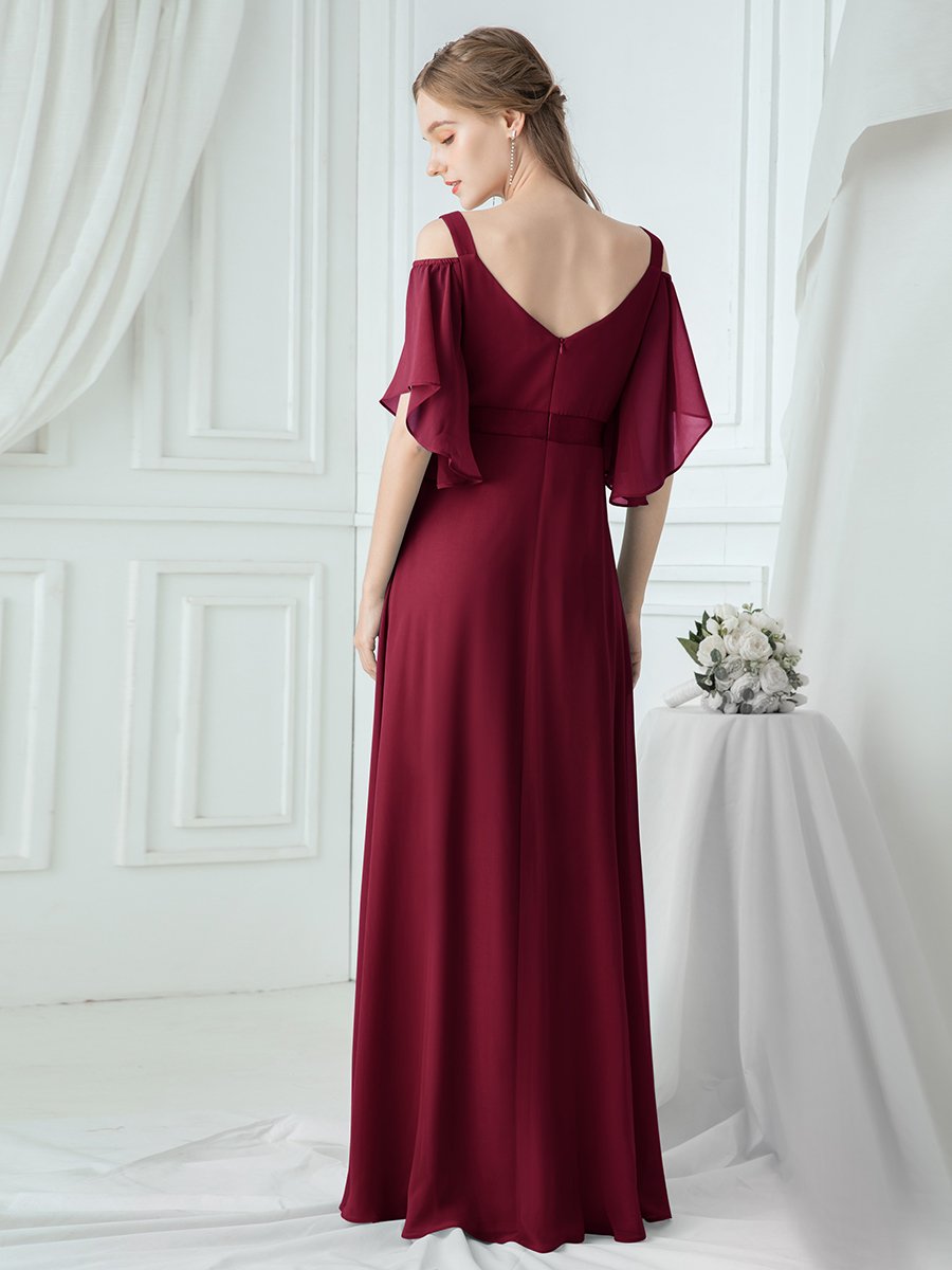 Color=Burgundy | Women'S Off Shoulder Floor Length Bridesmaid Dress With Ruffle Sleeves-Burgundy 7