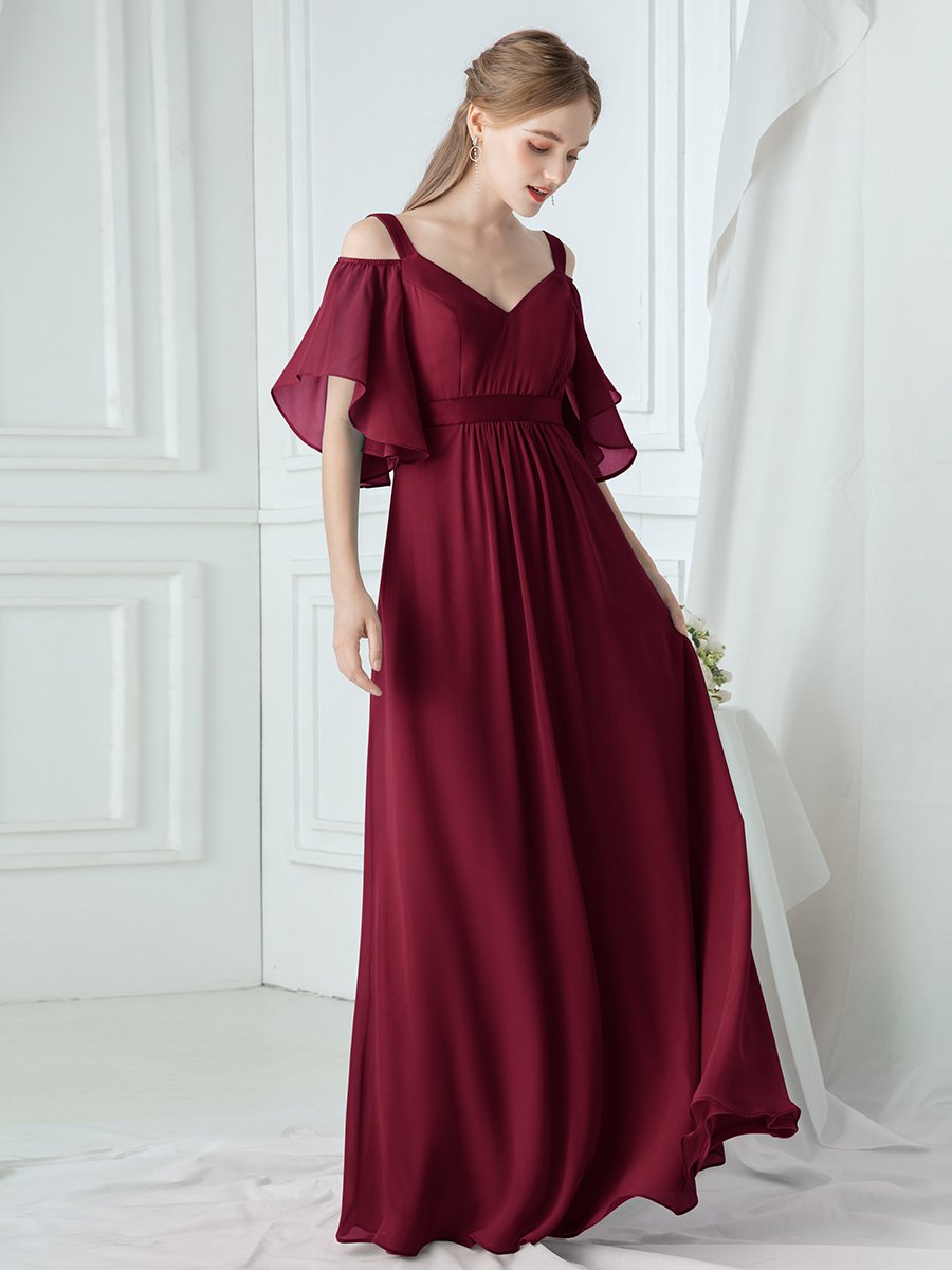 Color=Burgundy | Women'S Off Shoulder Floor Length Bridesmaid Dress With Ruffle Sleeves-Burgundy 8