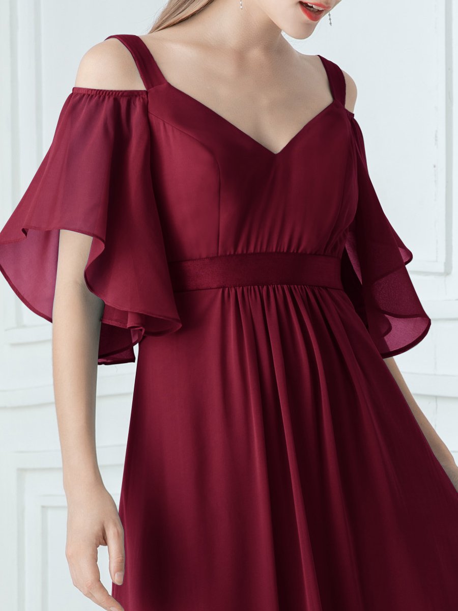 Color=Burgundy | Women'S Off Shoulder Floor Length Bridesmaid Dress With Ruffle Sleeves-Burgundy 10