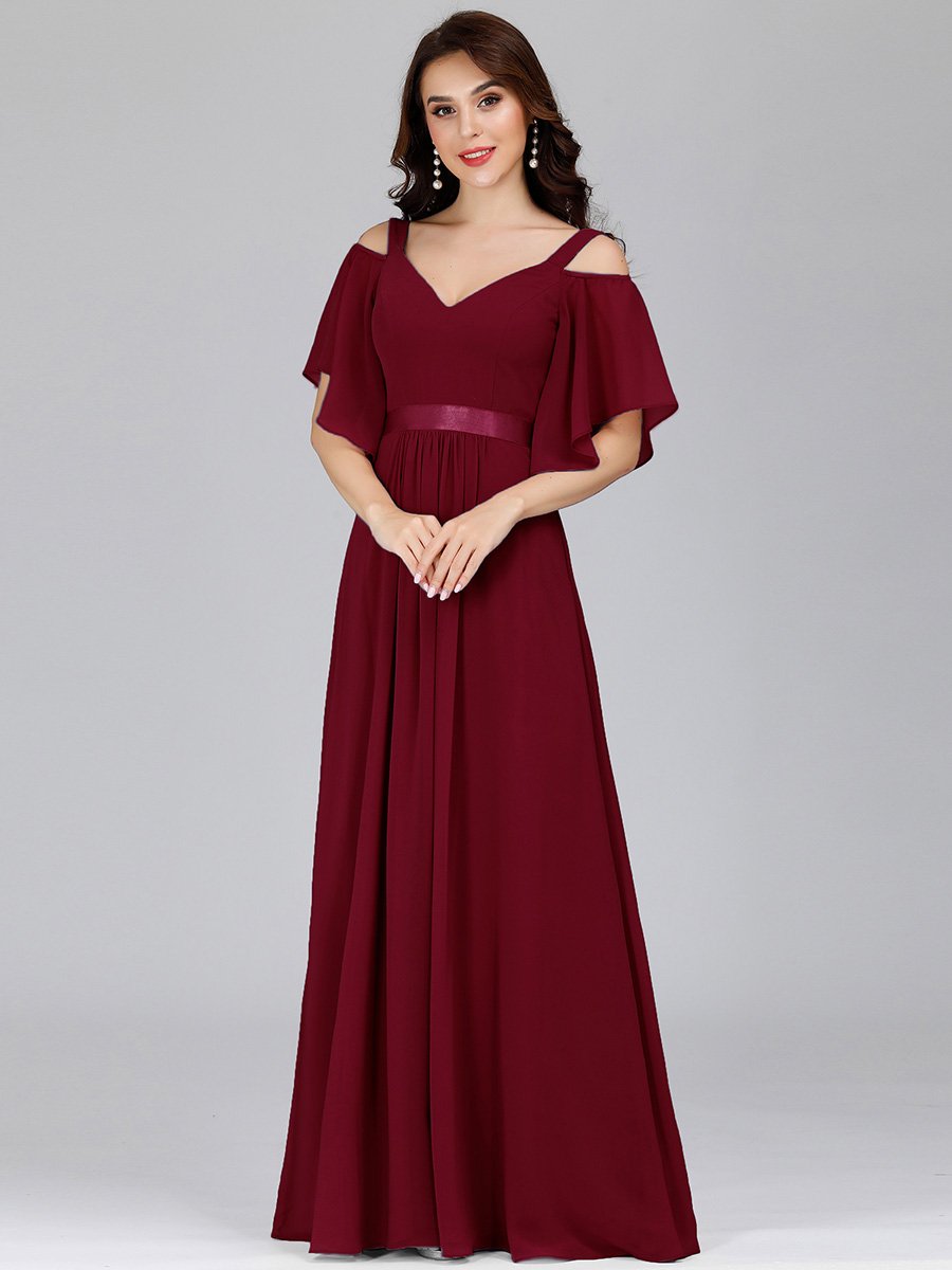 Color=Burgundy | Women'S Off Shoulder Floor Length Bridesmaid Dress With Ruffle Sleeves-Burgundy 1