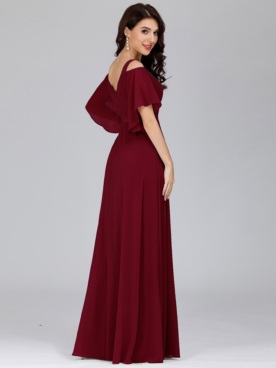 Color=Burgundy | Women'S Off Shoulder Floor Length Bridesmaid Dress With Ruffle Sleeves-Burgundy 2