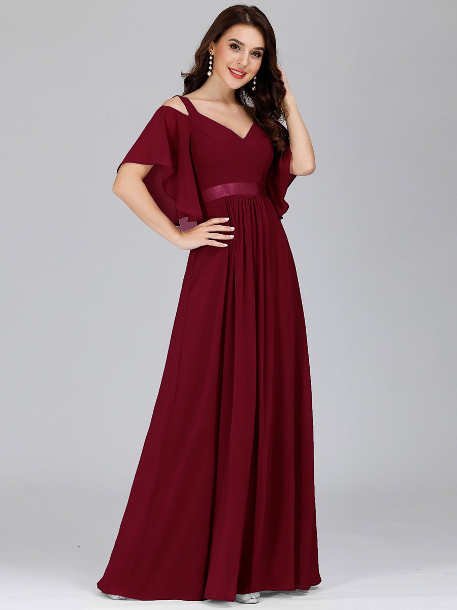 Color=Burgundy | Women'S Off Shoulder Floor Length Bridesmaid Dress With Ruffle Sleeves-Burgundy 3