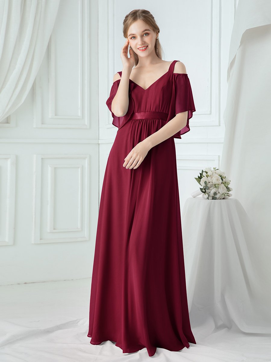 Color=Burgundy | Women'S Off Shoulder Floor Length Bridesmaid Dress With Ruffle Sleeves-Burgundy 6