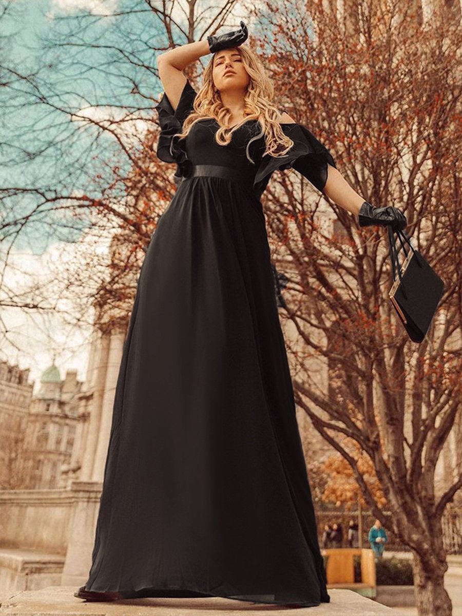 Color=Black | Women'S Off Shoulder Floor Length Bridesmaid Dress With Ruffle Sleeves-Black 1