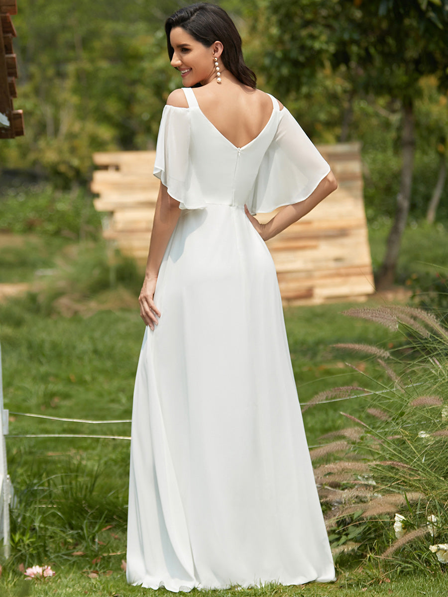 Color=Cream | Women'S Off Shoulder Floor Length Bridesmaid Dress With Ruffle Sleeves-Cream 3