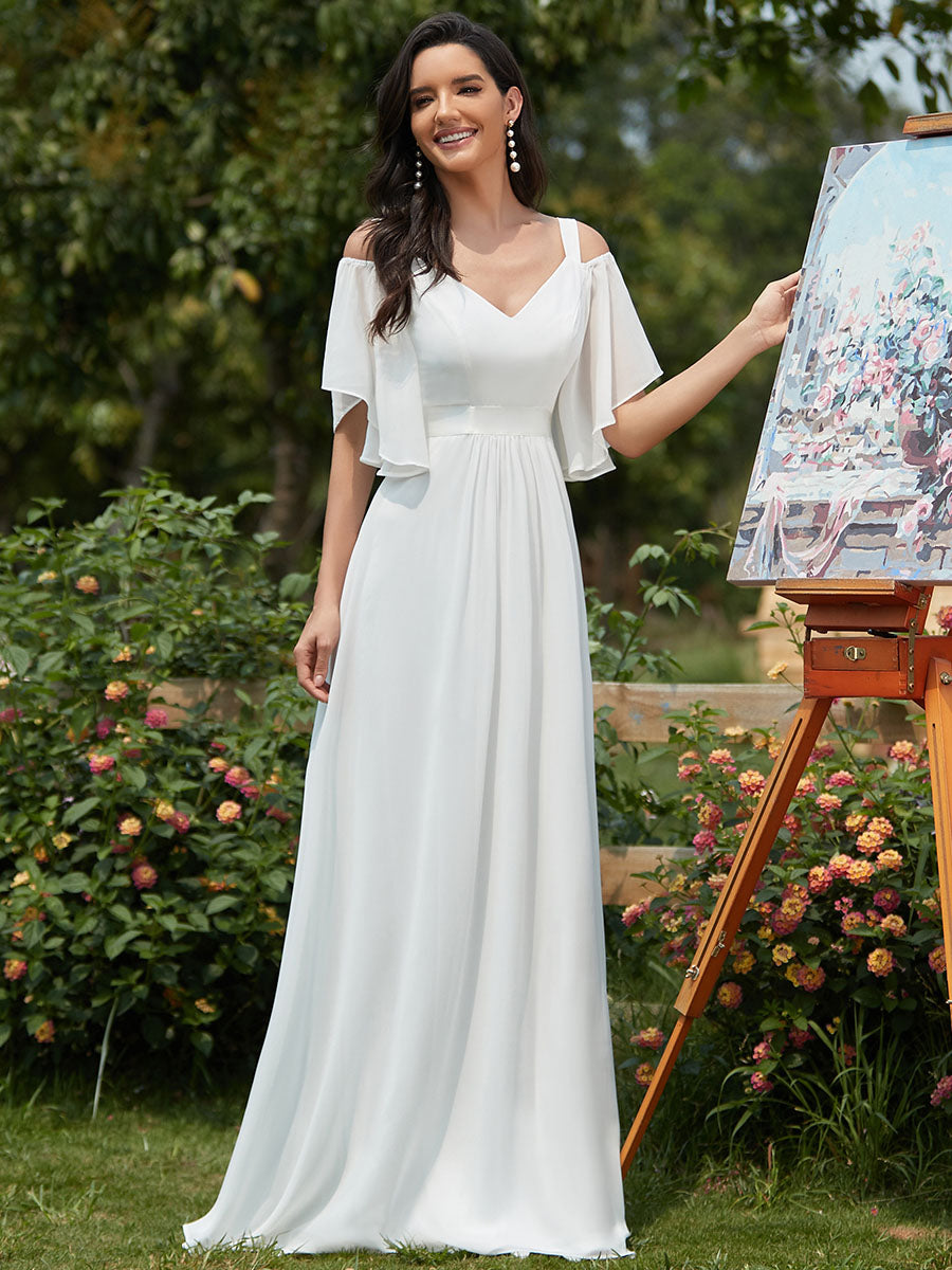 Color=Cream | Women'S Off Shoulder Floor Length Bridesmaid Dress With Ruffle Sleeves-Cream 4