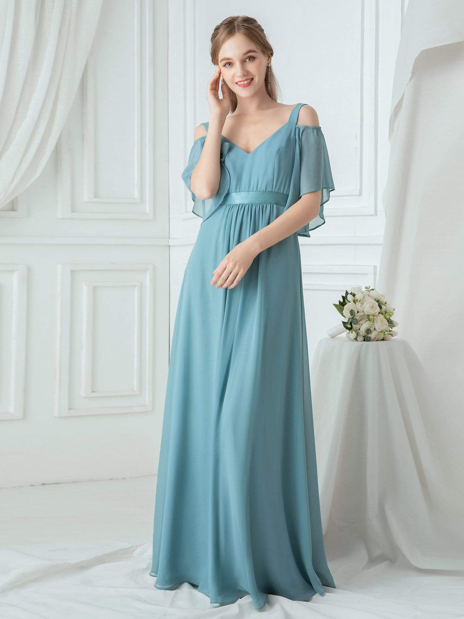 Color=Dusty Blue | Women'S Off Shoulder Floor Length Bridesmaid Dress With Ruffle Sleeves-Dusty Blue 9