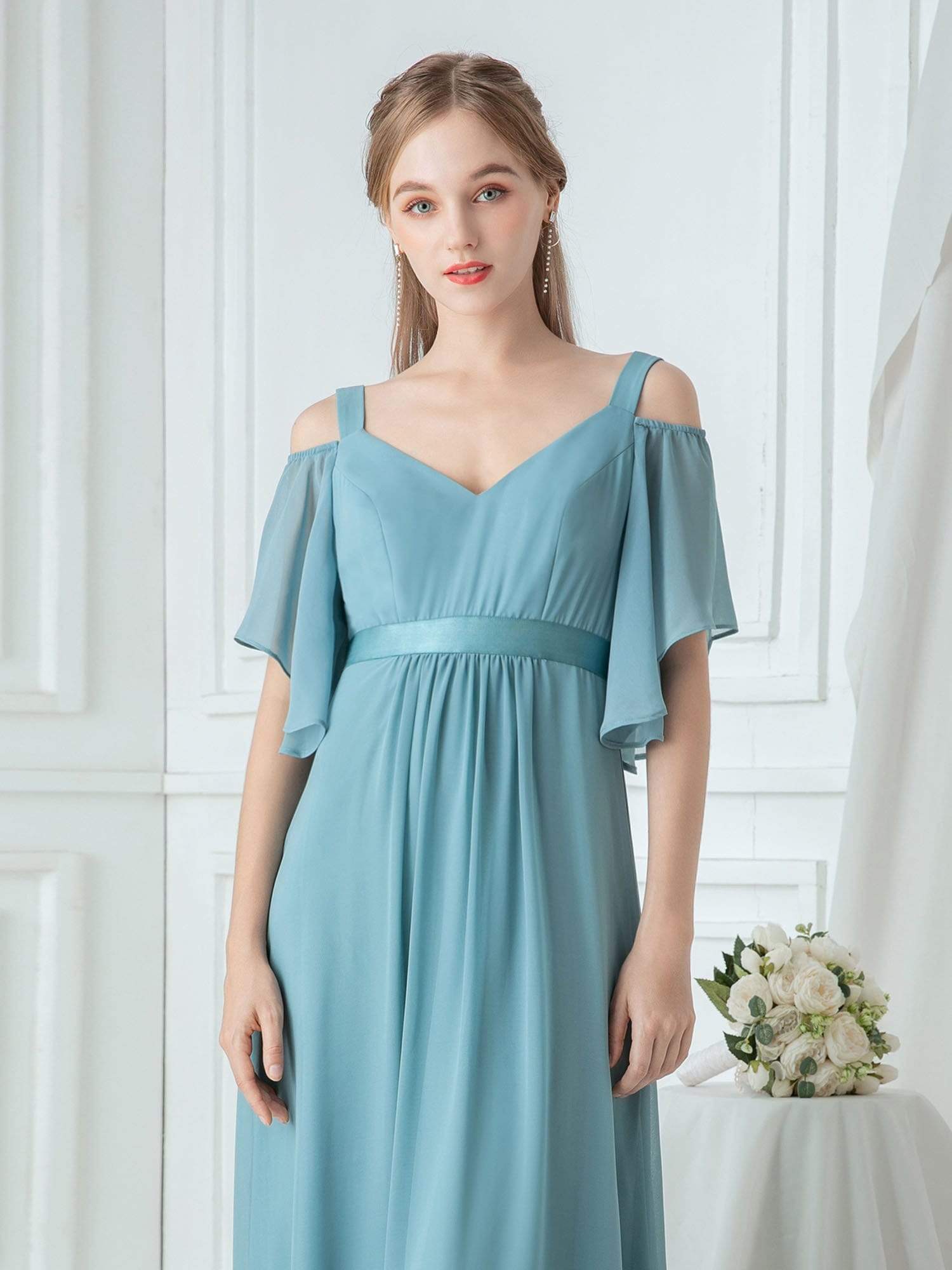 Color=Dusty Blue | Women'S Off Shoulder Floor Length Bridesmaid Dress With Ruffle Sleeves-Dusty Blue 10