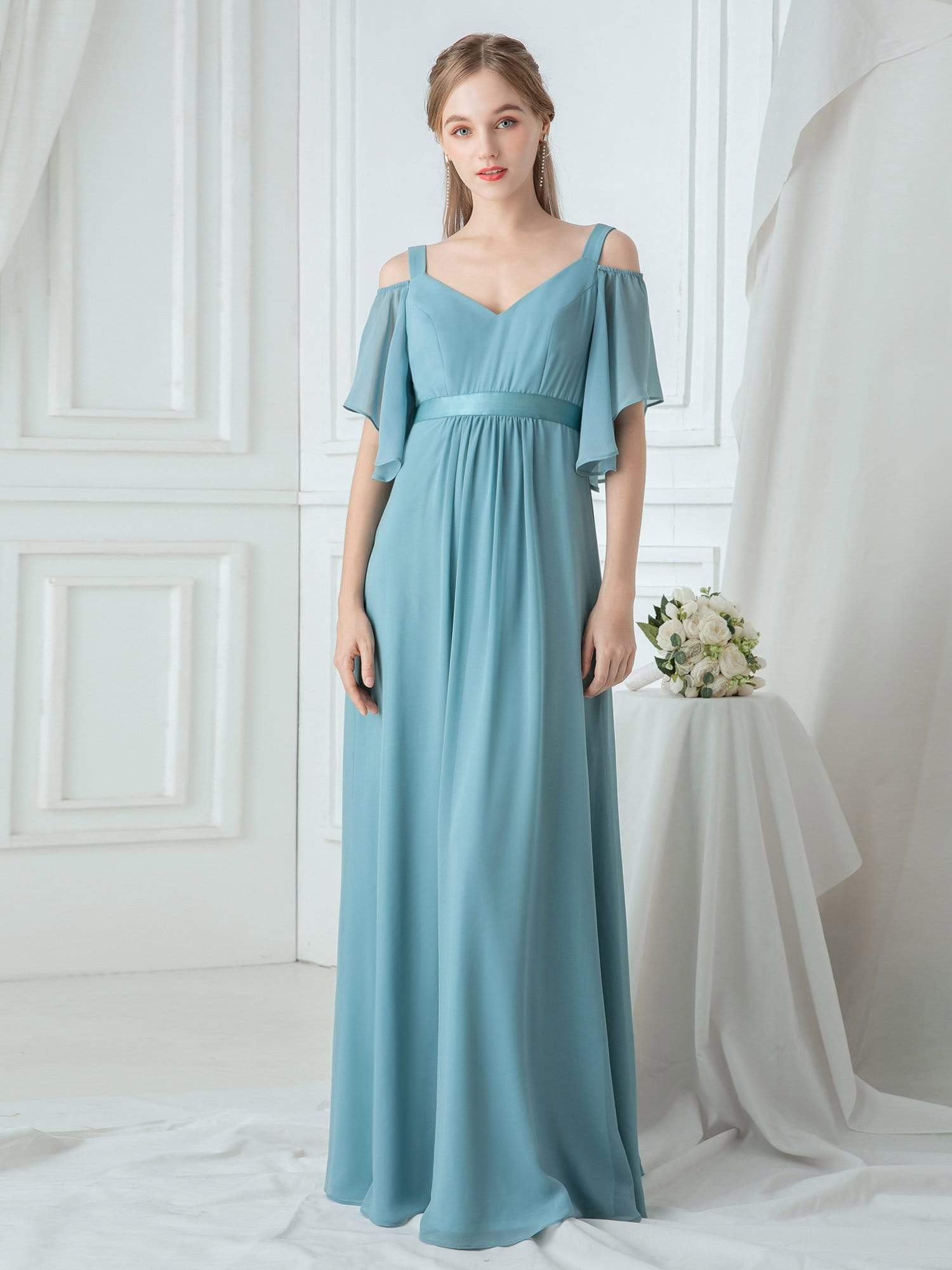 Color=Dusty Blue | Women'S Off Shoulder Floor Length Bridesmaid Dress With Ruffle Sleeves-Dusty Blue 6