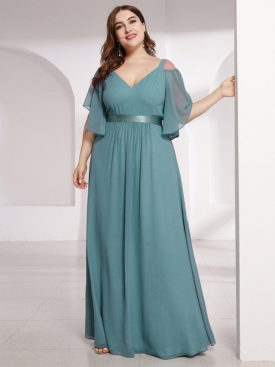 Color=Dusty Blue | Women'S Off Shoulder Floor Length Bridesmaid Dress With Ruffle Sleeves-Dusty Blue 14