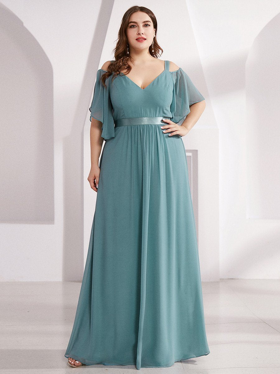 Color=Dusty Blue | Women'S Off Shoulder Floor Length Bridesmaid Dress With Ruffle Sleeves-Dusty Blue 11
